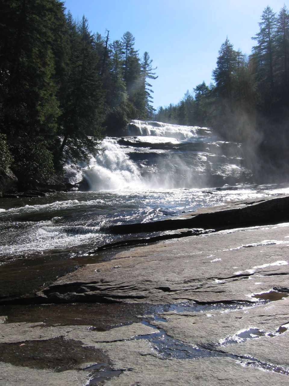 Waterfall cascading over rocks with trees and blue sky