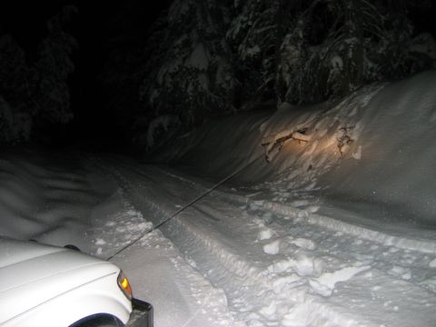 1985 Ford Bronco - A white SUV is partially visible in the foreground on a dark, snowy road at night.