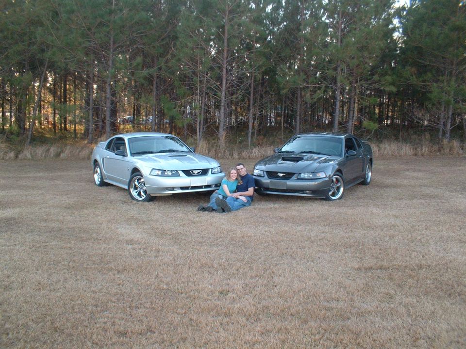 Two Ford Mustangs, one silver and one gray, parked on dry grass with a couple sitting between them. The silver car is on the left, the gray on the right. Both are facing forward