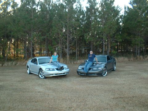 1999 Ford Mustang - Two 1999 Ford Mustangs are parked side-by-side in a grassy field.