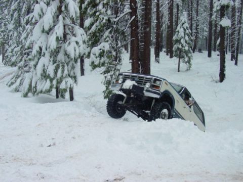 1986 Ford Bronco - A 1986 Ford Bronco is stuck in a snow-covered forest, with its front wheel lifted off the ground.