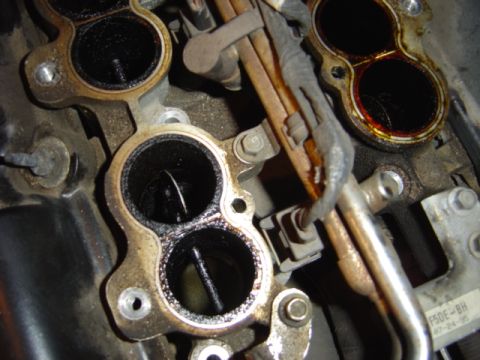 1998 Ford Taurus - Close-up view of heavily carboned intake manifold ports, indicating potential engine maintenance needs.