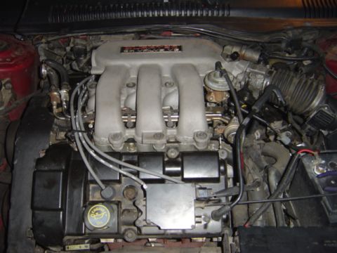 1998 Ford Taurus - Close-up view of a V6 engine, showing the intake manifold and various hoses and wires.