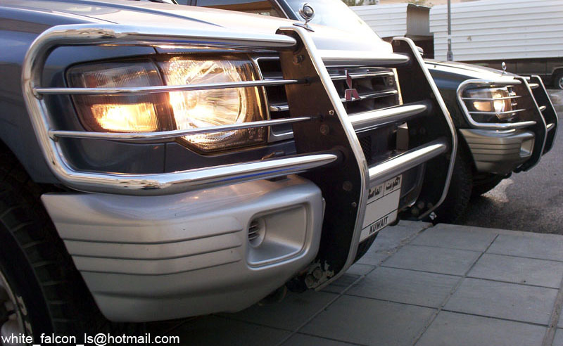 Dark Mitsubishi SUV with chrome brush guard and silver bumper, second SUV behind