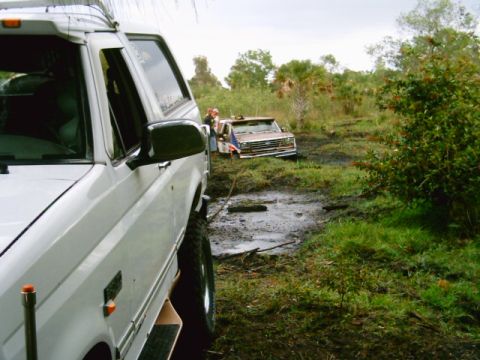 1995 Ford Bronco - Two trucks are stuck in a muddy, grassy area with trees in the background.
