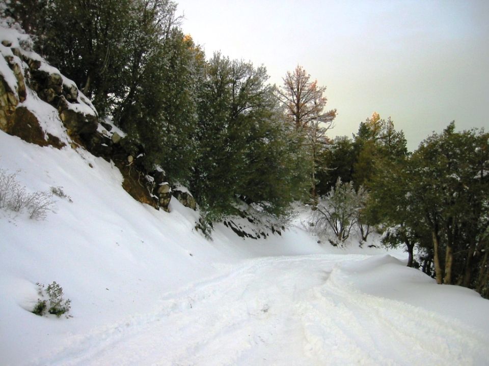 Snowy mountain road with tire tracks