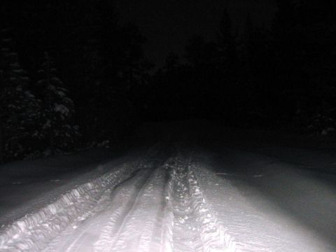 1999 Toyota Tacoma - Driving on a snow-covered road at night, with tire tracks marking the path through the darkness.