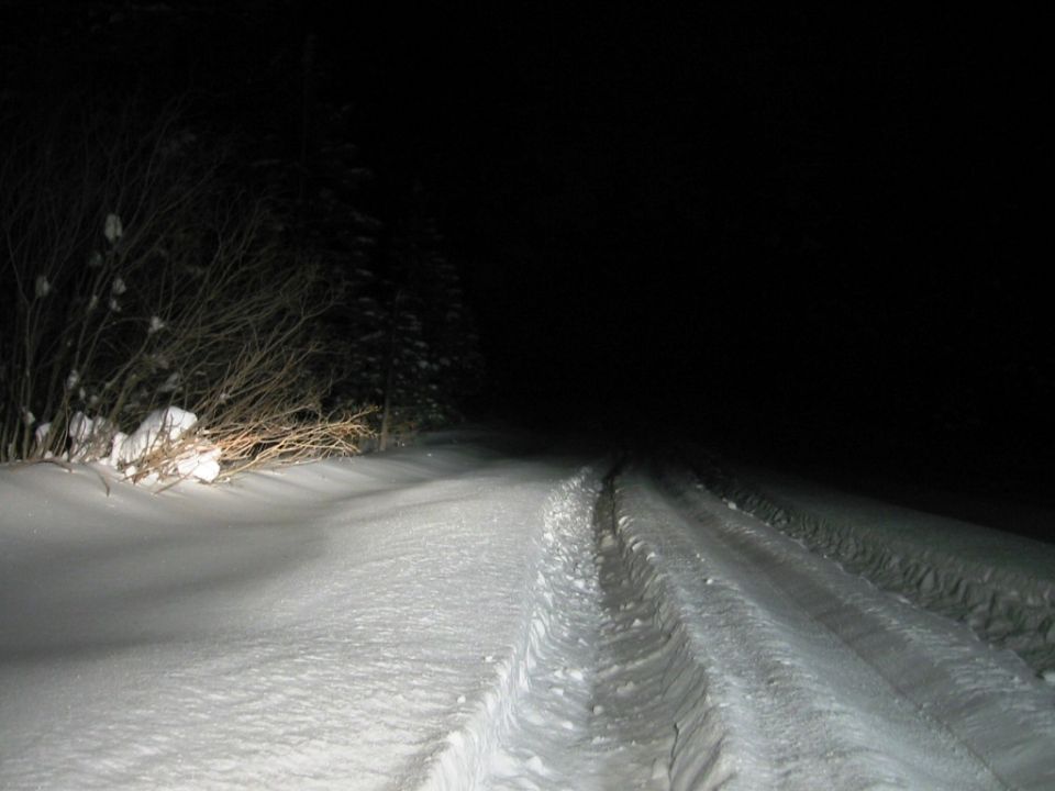 Snowy road at night with headlights illuminating the path