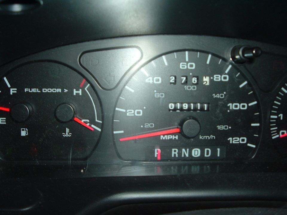 Car dashboard with speedometer, fuel gauge, and temperature gauge. Odometer shows 019111