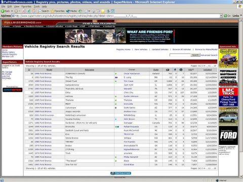 1994 Ford Bronco - This image shows a screenshot of a vehicle registry search results page, displaying a list of Ford Broncos with various details.