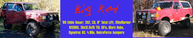 Banner reading Big Red with two red lifted Ford broncos and 1989 Eddie Bauer build-spec text