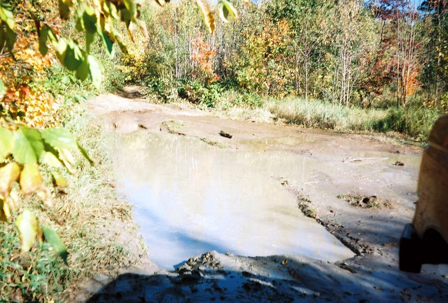 off-road muddy puddle with trees in background