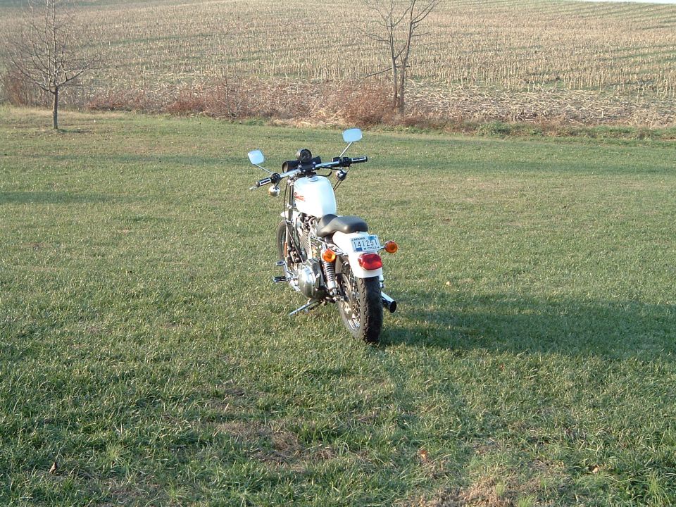 White motorcycle parked on grass, rear view. License plate reads 41251