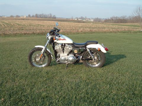 1995 Mercury Grand Marquis - A white Harley-Davidson Sportster motorcycle is parked in a grassy field under a clear sky.