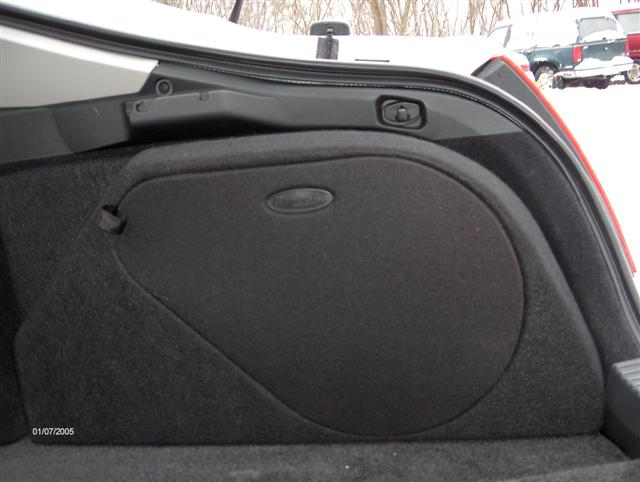 Black carpeted trunk side panel with oval access cover, open lid showing snow outside