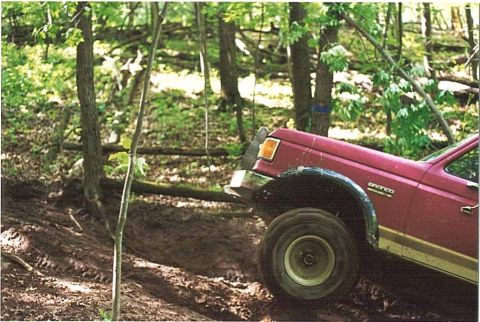 1989 Ford Bronco - A 1989 Ford Bronco navigates a challenging, wooded off-road path.