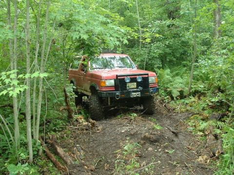 1989 Ford Bronco - This 1989 Ford Bronco navigates a challenging, muddy path through a dense forest.