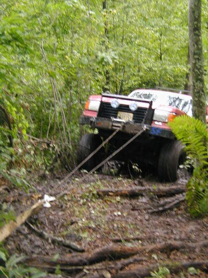 1989 Ford Bronco - A vehicle is stuck in the mud, being pulled by a winch cable through a dense forest.