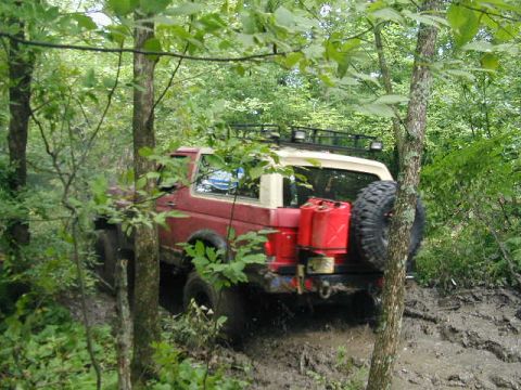 1989 Ford Bronco - This 1989 Ford Bronco navigates a challenging muddy off-road trail, equipped with a spare tire and auxiliary fuel cans.