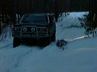 1991 Ford Bronco - 1991 Ford Bronco navigating a snow-covered path in a wooded area.