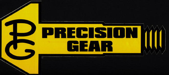 Precision Gear brand logo in black on yellow bolt-shaped graphic