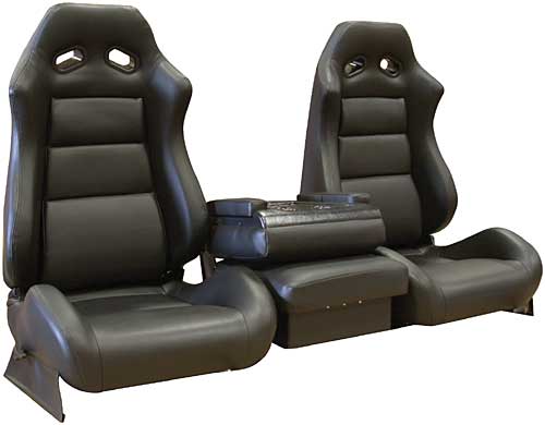 Two black racing-style bucket seats with center console jump seat on white background