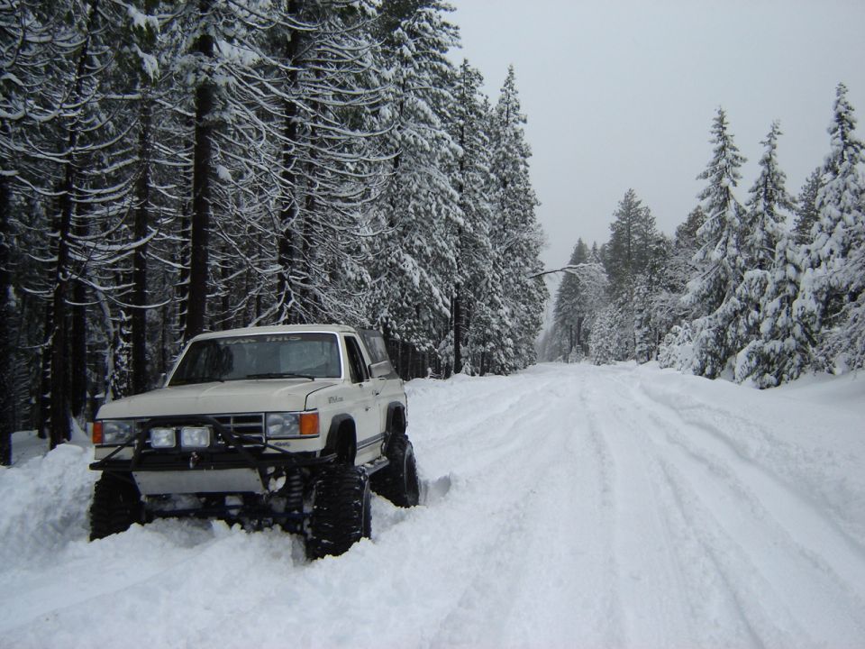 Lifted white Ford Bronco with brush guard and mud tires parked in deep snow on a forest road