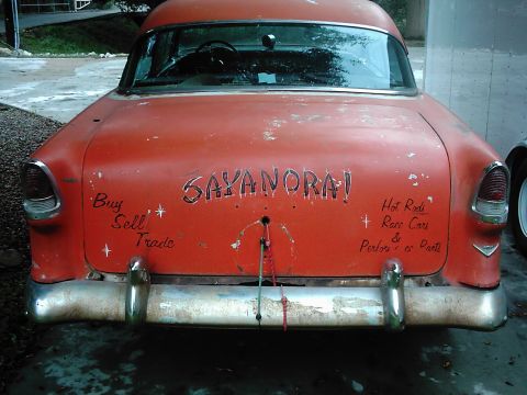 1978 Ford Bronco - Orange 1955 Chevrolet sedan with custom paint and lettering on the trunk lid.