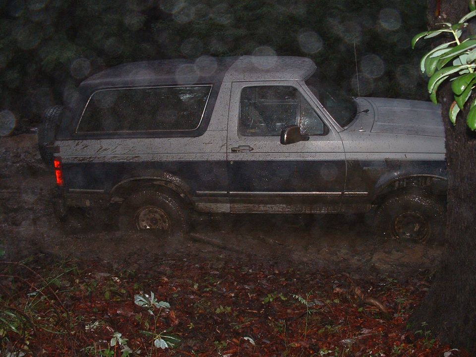 Two-tone SUV stuck in mud, side view