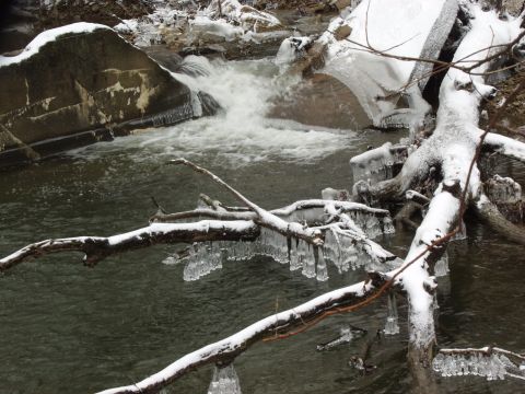 1979 Ford Bronco - A frozen stream with icicles and a waterfall captures the essence of winter's beauty.