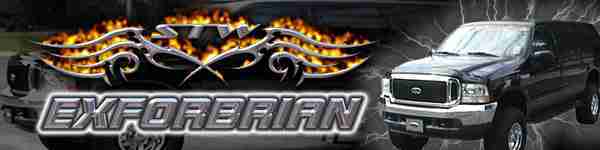 EXFORBRIAN chrome-text banner graphic with flames and a dark Ford Excursion SUV