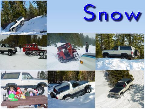 1986 Ford Bronco - A collection of images depicts various vehicles navigating snowy terrain, highlighting their off-road capabilities.