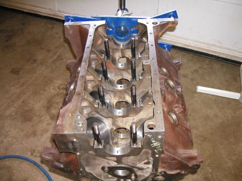 1966 Ford Fairlane - Engine block assembly on a stand, ready for internal components.