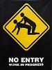 1993 Ford Bronco - A yellow diamond warning sign depicts a graphic of two people engaged in sexual activity, with the text 'NO ENTRY WORK IN PROGRESS' below.