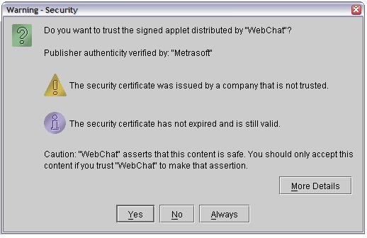 Computer security warning dialog about trusting a signed applet