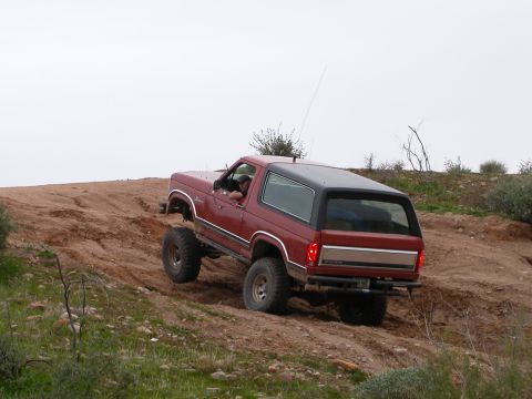 1993 Ford Bronco - Ford Bronco navigating an off-road trail on a cloudy day.