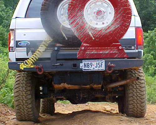 1988 Ford Bronco rear view with spare tire mounted on bumper. License plate N89-JSF