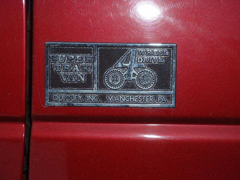 Badge reads Super Trak Van 4 Wheel Drive, Quigley Inc. Manchester, PA
