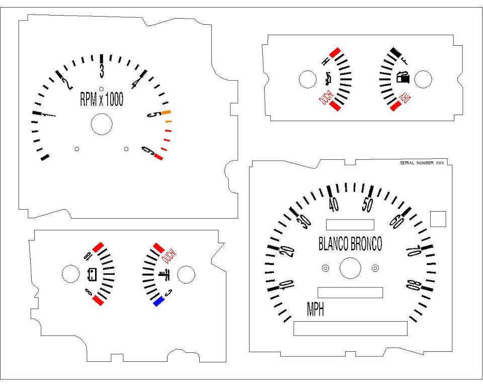 Gauge cluster overlay diagram with RPM and MPH dials marked TACH and BLANCO BRONCO