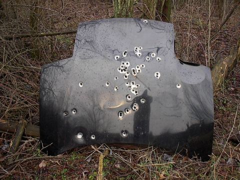 1993 Ford Probe - A damaged car hood, peppered with numerous bullet holes, rests on the forest floor.