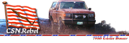 CSN.Rebel banner showing rust-colored Ford truck climbing over a flag and 1988 Eddie Bauer text