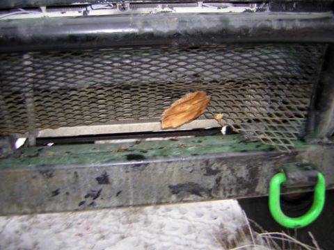 1995 Ford Bronco - Close view of a vehicle's front grille and a green tow hook, with a leaf caught in the mesh.