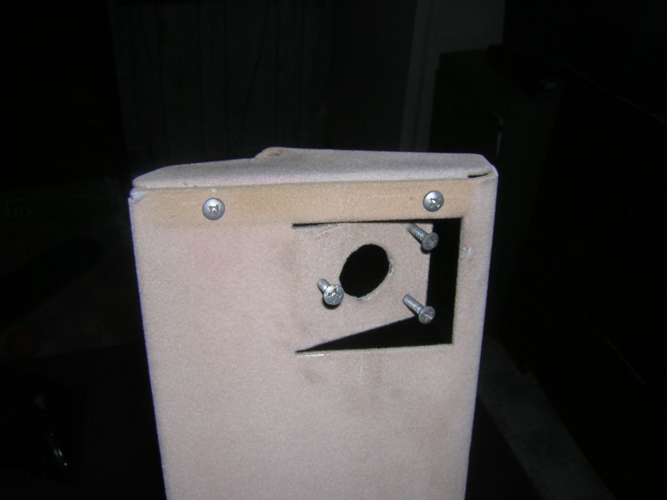 Close-up of a beige speaker enclosure with four screws visible around a cutout hole