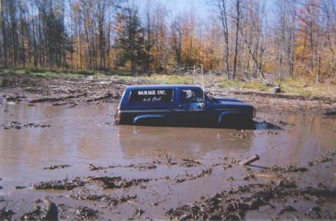 1977 Ford F-150 - A blue SUV is stuck in a muddy area with trees in the background.