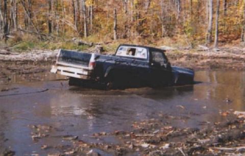 1977 Ford F-150 - A black pickup truck is stuck in a muddy area with trees in the background.