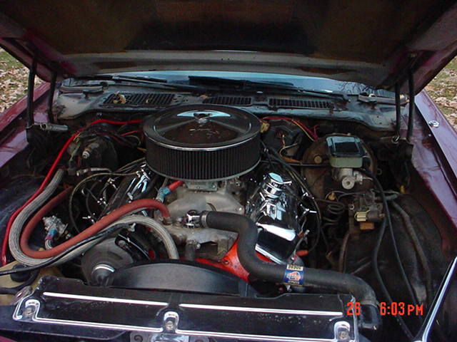 V8 engine with tall chrome air cleaner and chrome valve covers in a burgundy car's engine bay