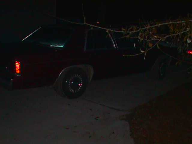 Dark sedan parked at night. Branches obscure the view