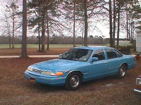 1994 Ford Crown Victoria - A blue 1994 Ford Crown Victoria sedan is parked outdoors on a dry, grassy area with trees in the background.