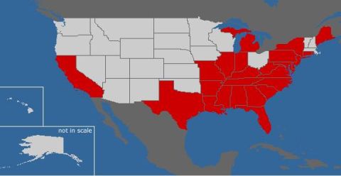 1988 Ford Bronco - Map shows US states colored red and gray, with inset maps of Hawaii and Alaska, and a "not in scale" label for Alaska.