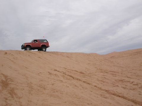 1984 Ford Bronco - A red 1984 Ford Bronco navigates a sandy terrain under an overcast sky.